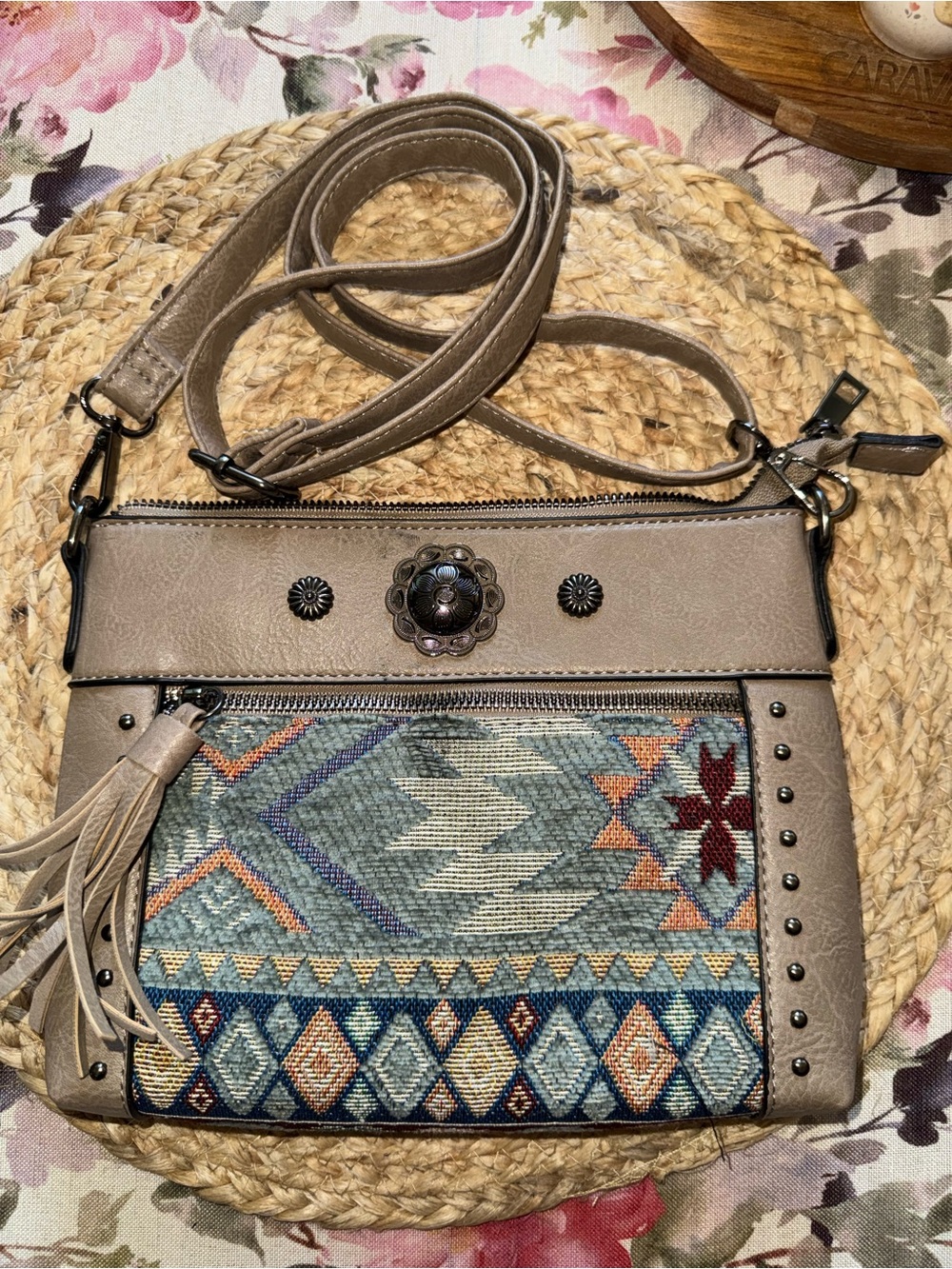Taupe Southwestern Tapestry Crossbody Bag with Tassel